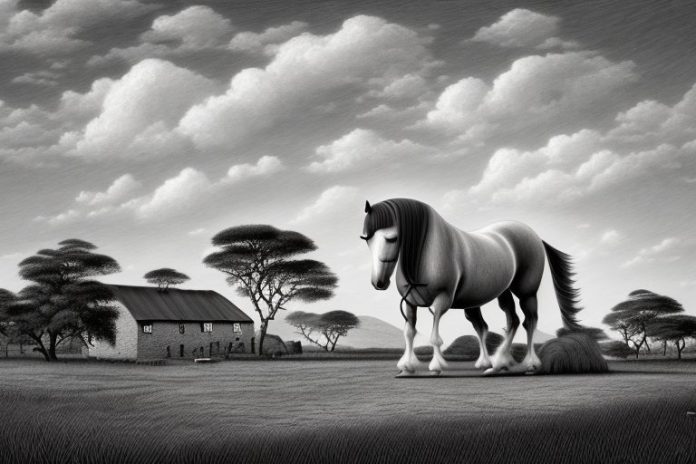 An irish draught horse in a rural landscape of limpopo