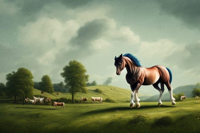 An irish draught horse in a rural landscape