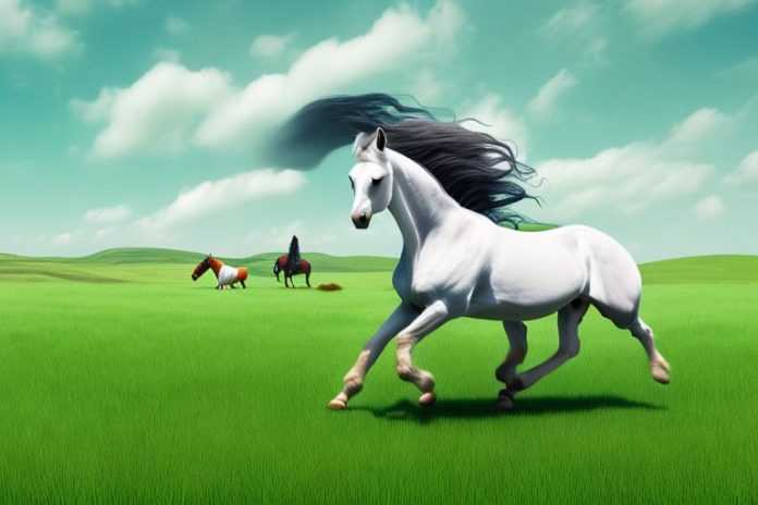 An irish draught horse galloping through a grassy landscape in phalaborwa