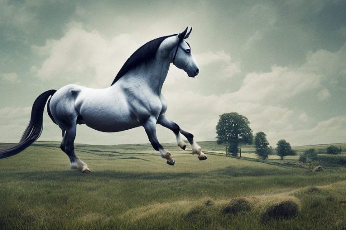 An irish draught horse in a riding stance in a rural landscape
