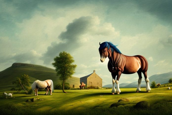 An irish draught horse in a rural landscape