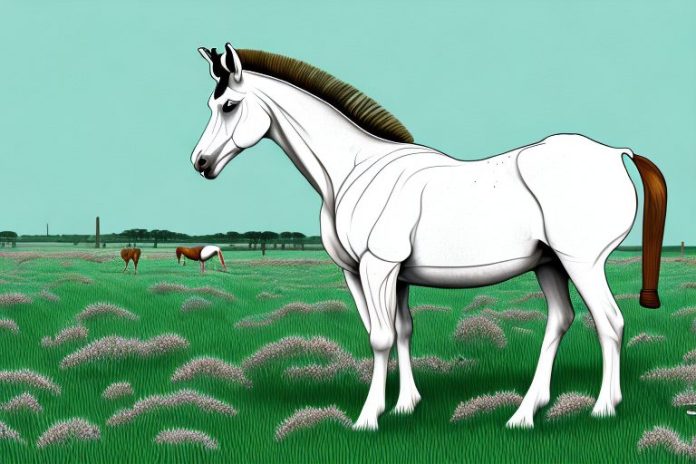 An irish draught horse in a field of springbok