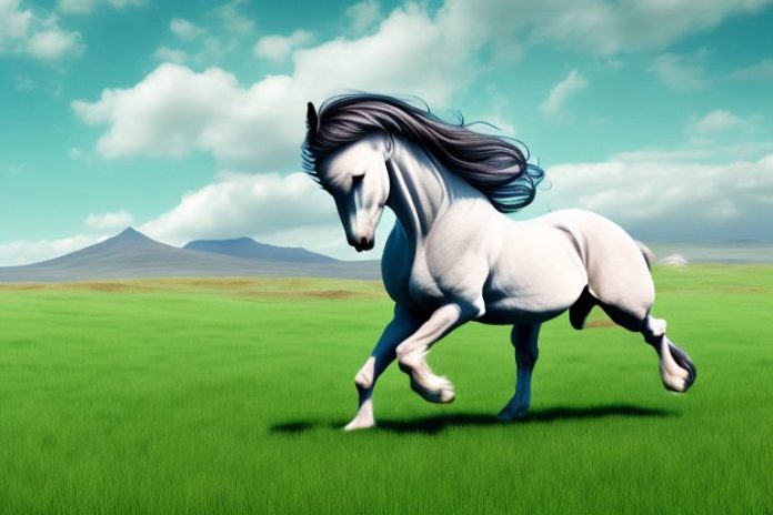 A majestic irish draught horse galloping through a grassy landscape in colesberg
