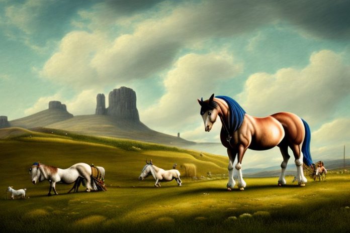 An irish draught horse in a rural landscape
