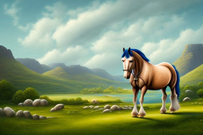 An irish draught horse in a scenic landscape