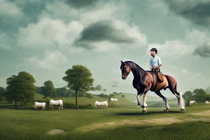 An irish draught horse being ridden in a rural landscape in mabopane