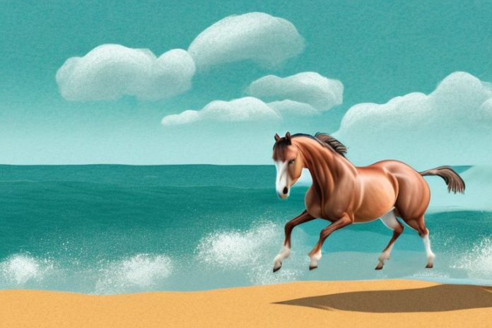 An irish draught horse galloping through a beach landscape in mossel bay