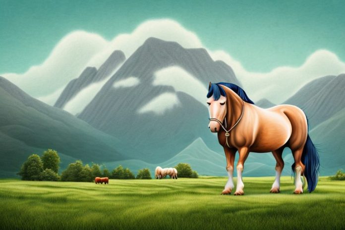 An irish draught horse in a rural setting with mountains in the background