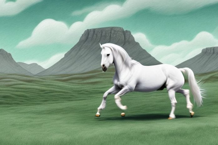 An irish draught horse galloping through a scenic landscape in hermanus