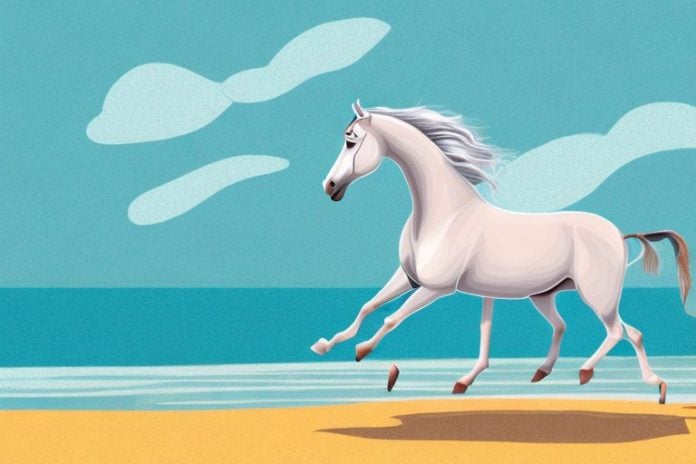 A marwari horse galloping along a beach in margate