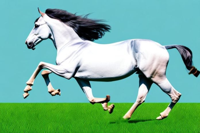 A marwari horse galloping through a grassy field in westville
