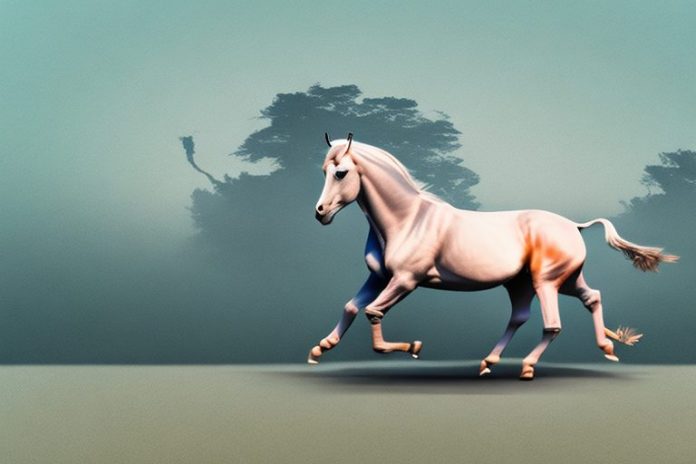 A marwari horse galloping through a hazy landscape