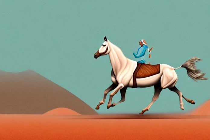 A marwari horse galloping through the desert landscape of springbok