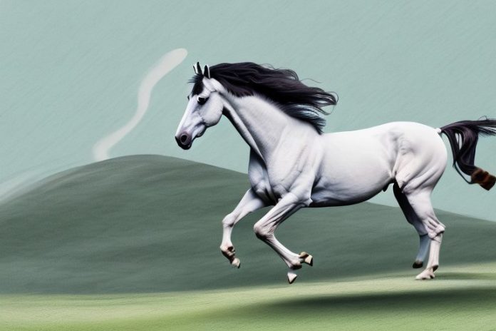 A marwari horse galloping across the rolling hills of orkney
