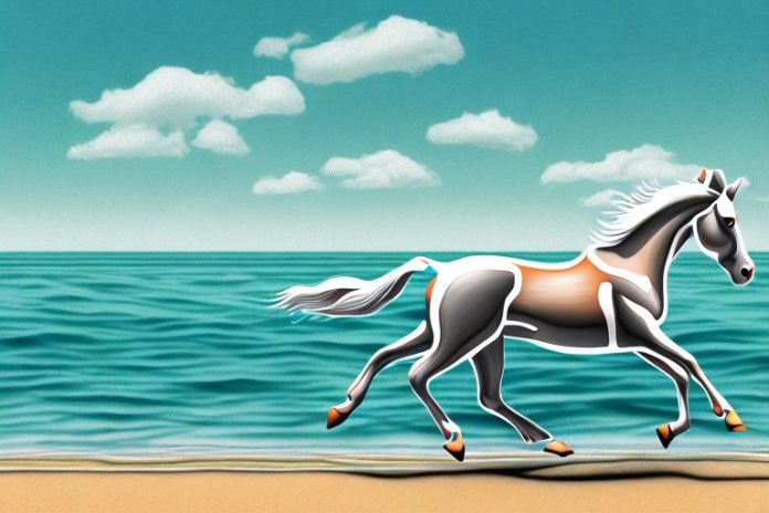 A cleveland bay horse galloping across a beach in richards bay