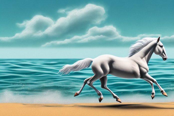 A cleveland bay horse galloping along a beach in amanzimtoti