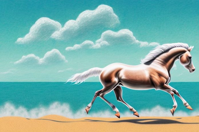 A cleveland bay horse galloping along a beach in tongaat