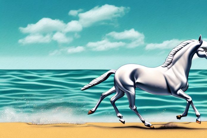A cleveland bay horse galloping along a beach in port shepstone