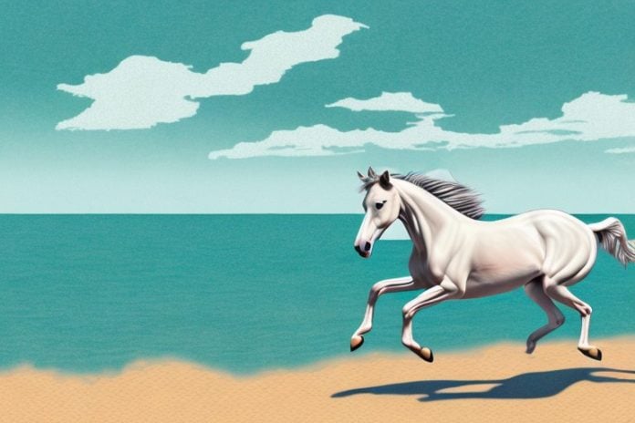 A cleveland bay horse galloping through a beach landscape in margate