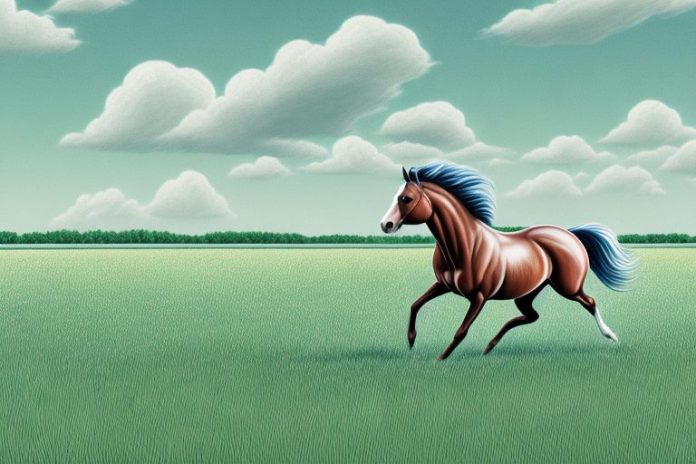 A cleveland bay horse galloping through a field in westville