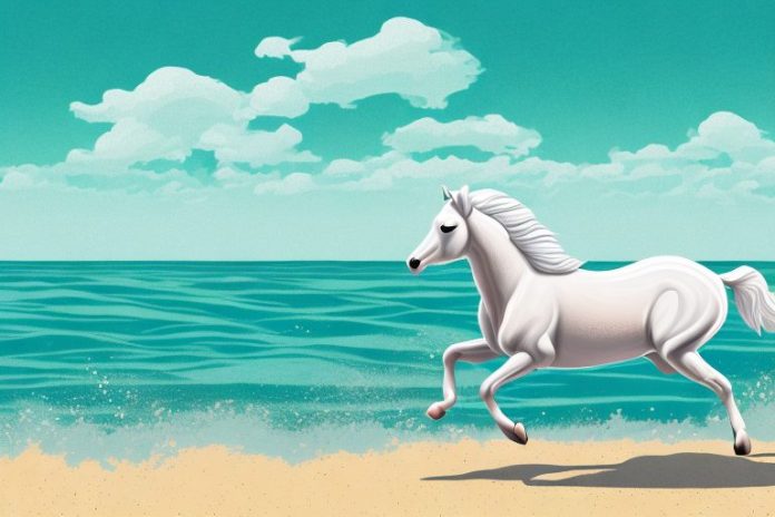 A cleveland bay horse galloping through a beach landscape in umhlanga