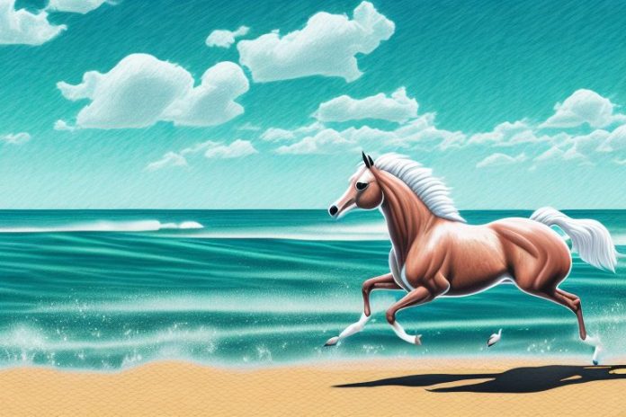 A cleveland bay horse galloping through a beach landscape in ballito