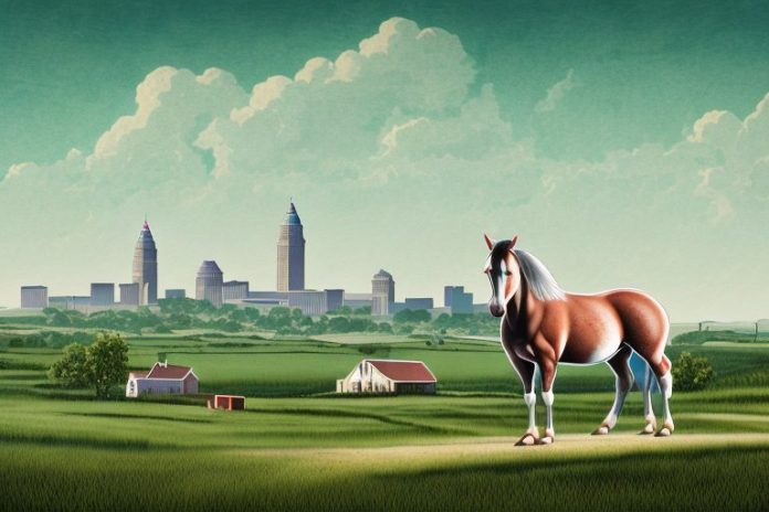 A cleveland bay horse in a rural landscape