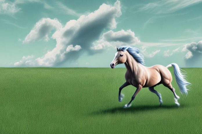 A cleveland bay horse galloping through a grassy landscape in grahamstown