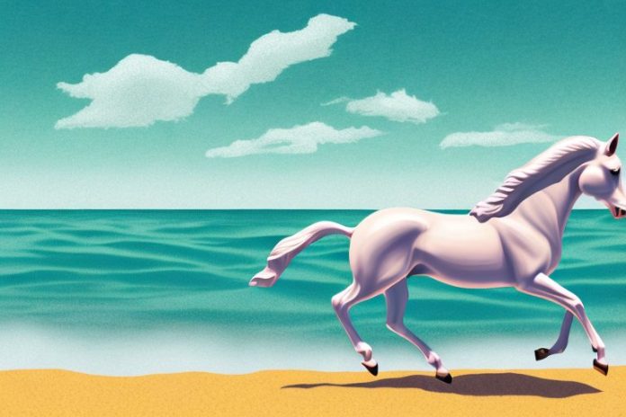 A cleveland bay horse galloping along a beach in port alfred
