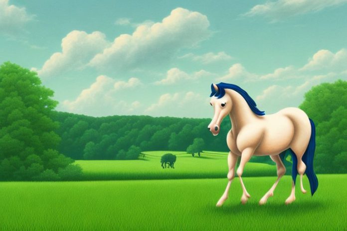A cleveland bay horse in a rural setting with lush green fields and trees