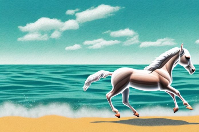 A cleveland bay horse galloping along the beach in jeffreys bay