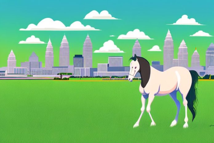 A cleveland bay horse in a grassy landscape with a welkom skyline in the background