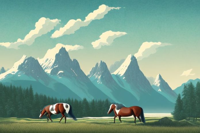 A cleveland bay horse in a rural landscape with mountains in the background