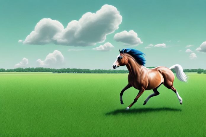 A cleveland bay horse galloping through a grassy field in the east rand