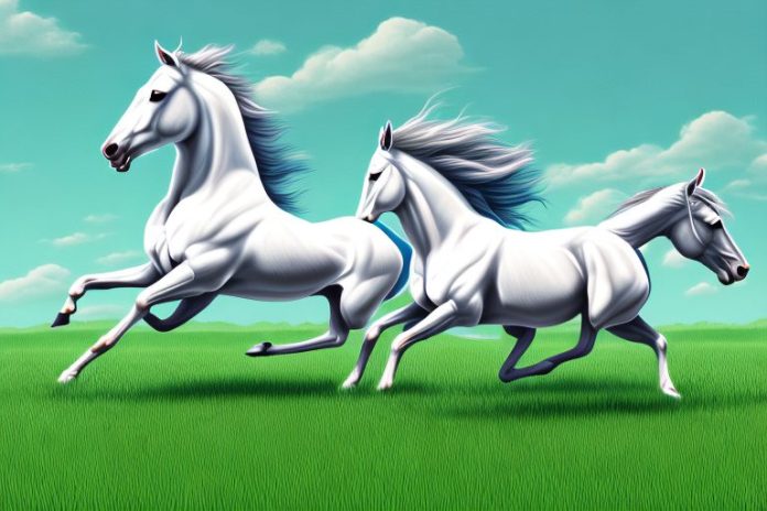 A cleveland bay horse galloping through a grassy field in centurion