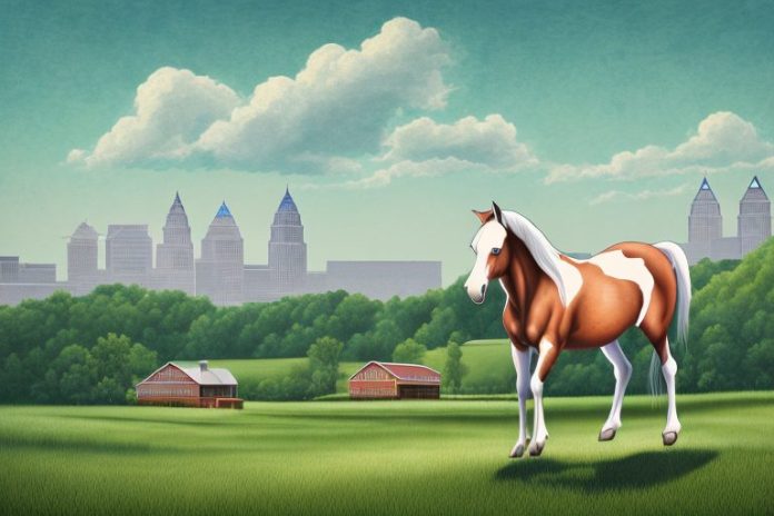 A cleveland bay horse in a rural setting with a midrand landscape in the background