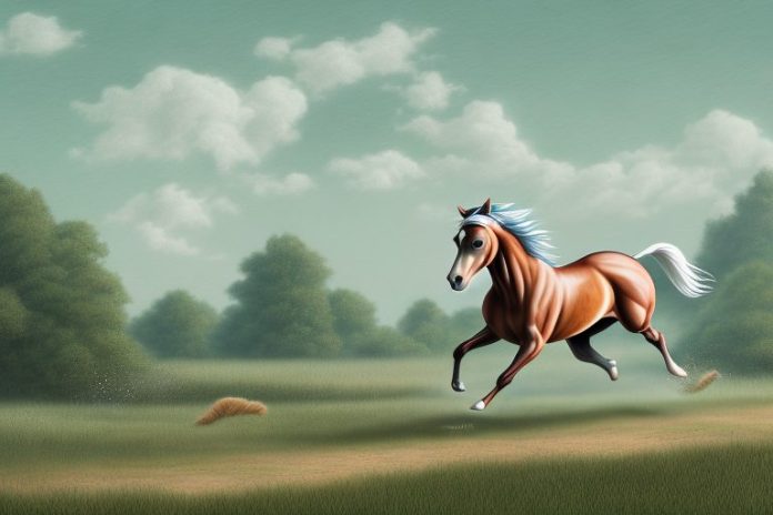 A cleveland bay horse galloping through a rural landscape in thohoyandou
