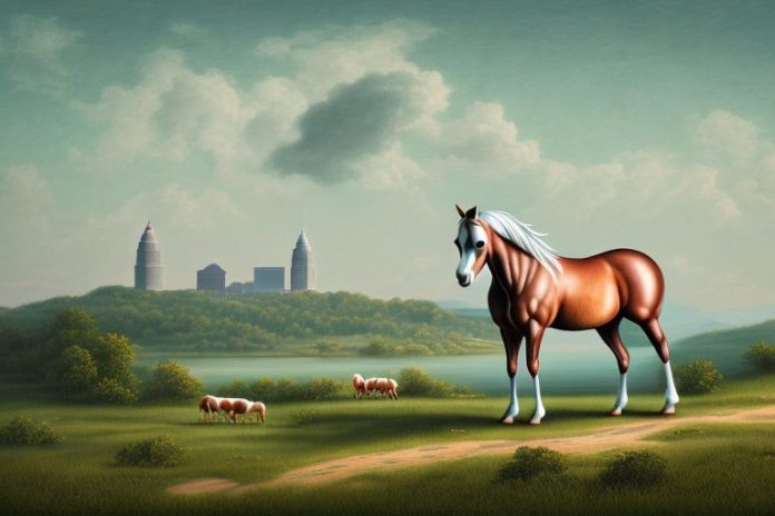 A cleveland bay horse in a rural landscape