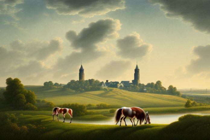 A cleveland bay horse in a rural landscape