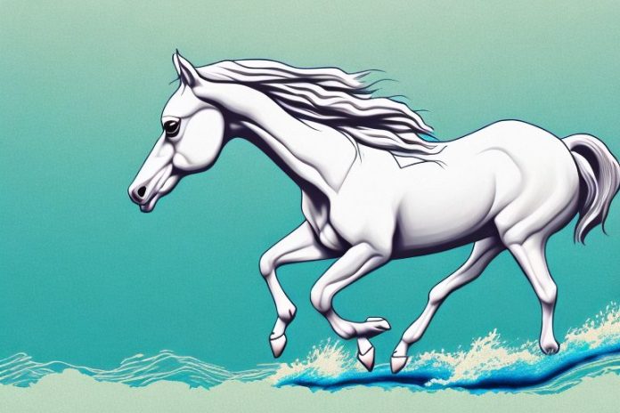 A cleveland bay horse galloping through a white river