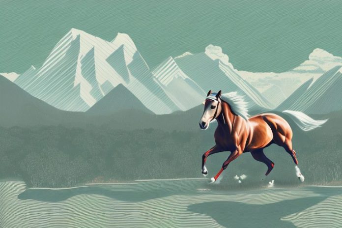 A cleveland bay horse galloping through a scenic landscape in lydenburg