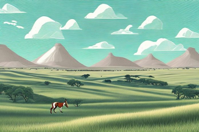 A cleveland bay horse galloping through a landscape of rolling hills and plains in de aar