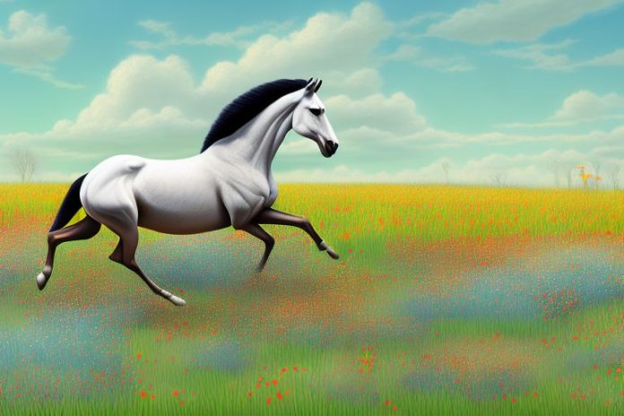 A cleveland bay horse running through a field of wildflowers in springbok