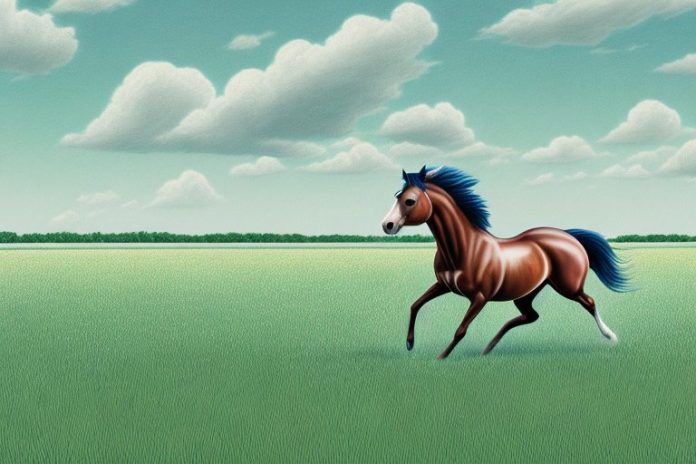 A cleveland bay horse galloping through a field in warrenton