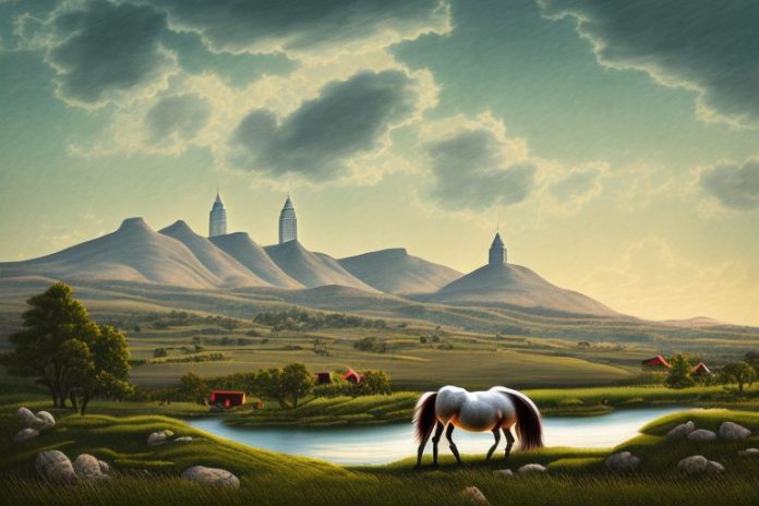 A cleveland bay horse in a rural landscape with a view of calvinia in the background