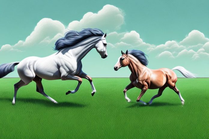 A cleveland bay horse galloping through a grassy landscape in mafikeng