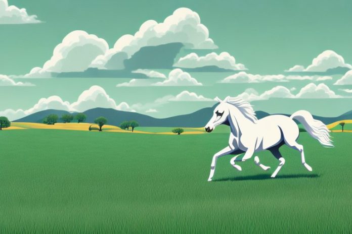 A cleveland bay horse galloping through a landscape of rolling hills and grassy fields