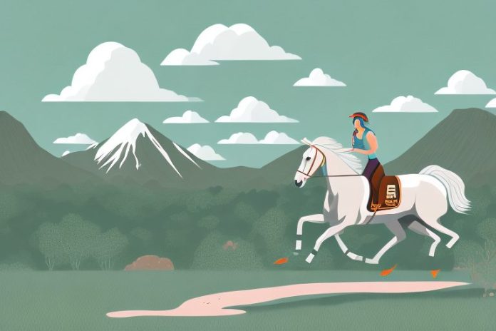 A cleveland bay horse galloping through a scenic landscape in hartbeespoort
