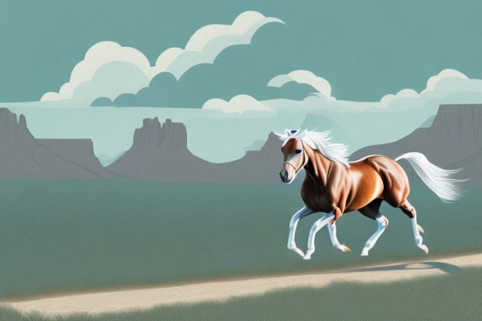 A cleveland bay horse galloping through a landscape in the western cape
