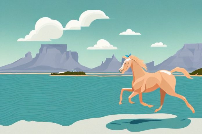 A cleveland bay horse galloping through a scenic landscape in cape town